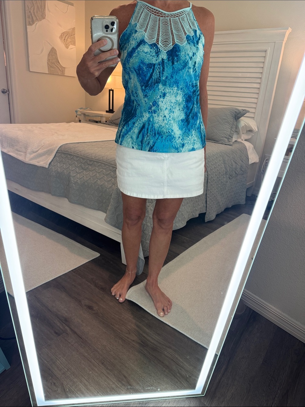 White House Black Market 
MJ Openwork halter Blue Crochet Halter Tank